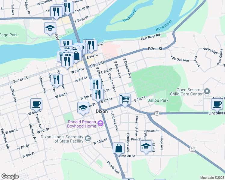 map of restaurants, bars, coffee shops, grocery stores, and more near 311 East 5th Street in Dixon