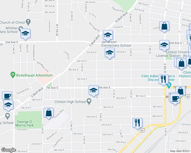 map of restaurants, bars, coffee shops, grocery stores, and more near 518 South 8th Street in Clinton