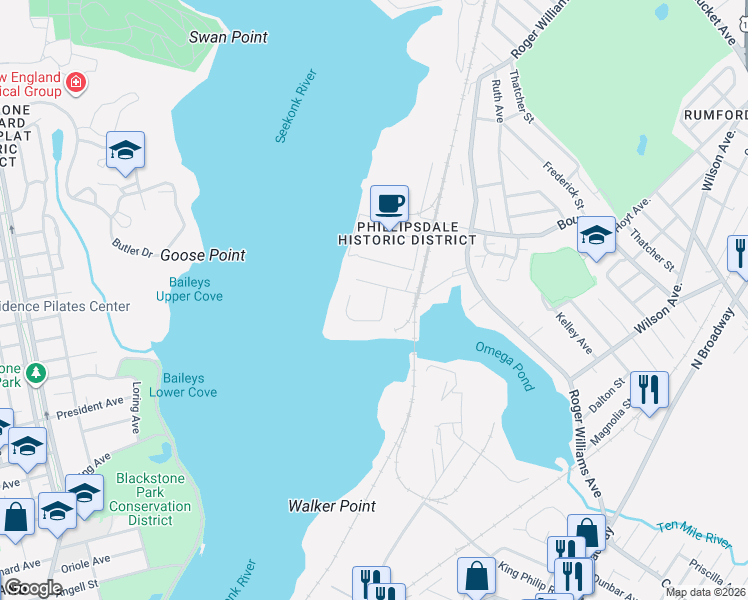 map of restaurants, bars, coffee shops, grocery stores, and more near 398 Bourne Avenue in East Providence