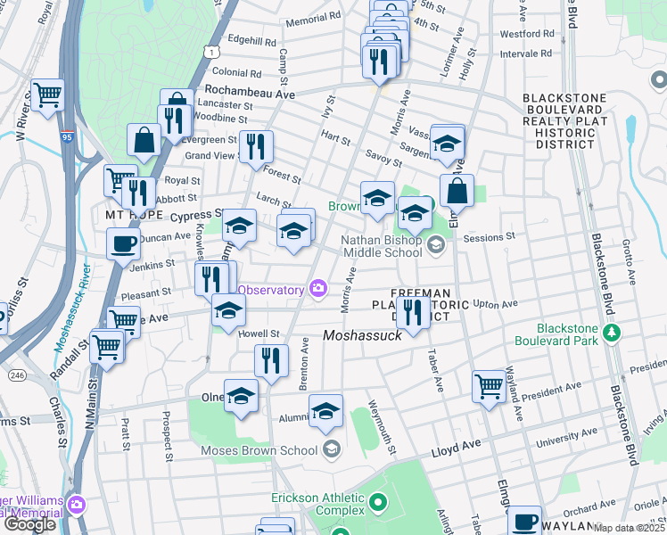 map of restaurants, bars, coffee shops, grocery stores, and more near 244 Cypress Street in Providence