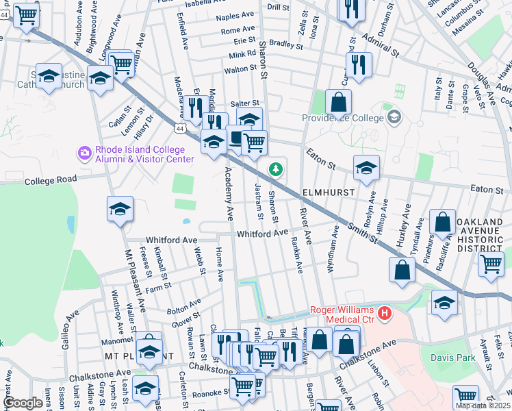 map of restaurants, bars, coffee shops, grocery stores, and more near 204 Jastram Street in Providence