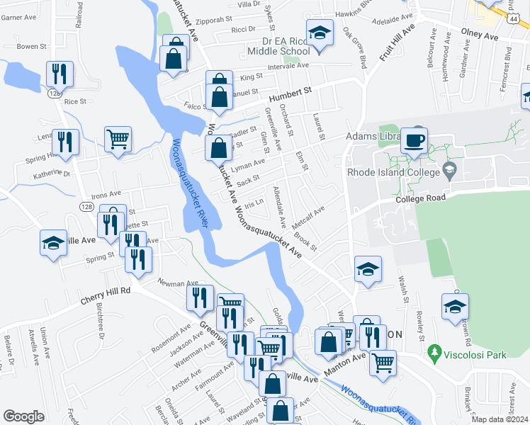 map of restaurants, bars, coffee shops, grocery stores, and more near 37 Allendale Avenue in North Providence
