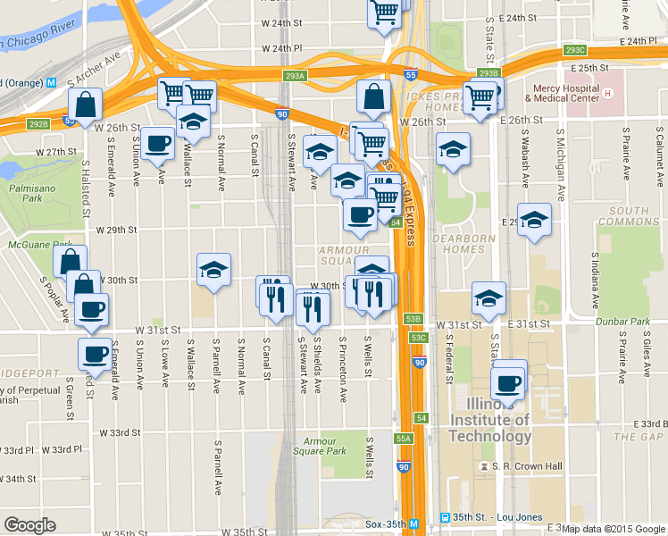 map of restaurants, bars, coffee shops, grocery stores, and more near 307 West 29th Street in Chicago