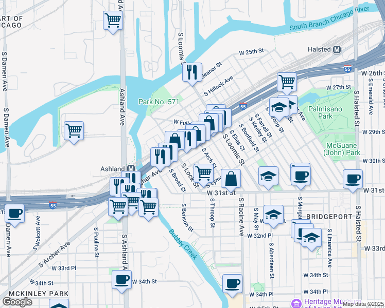 map of restaurants, bars, coffee shops, grocery stores, and more near 2855 South Grady Court in Chicago