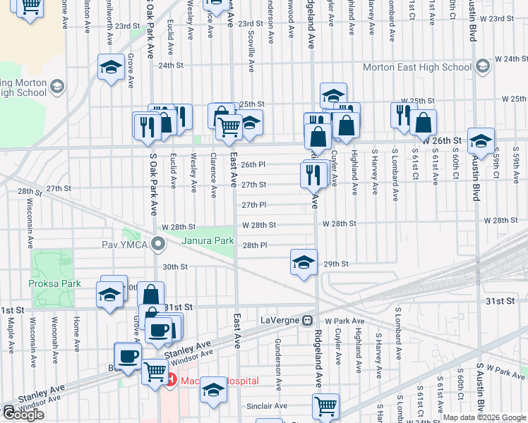 map of restaurants, bars, coffee shops, grocery stores, and more near 6501 27th Place in Berwyn