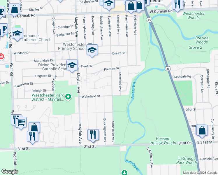 map of restaurants, bars, coffee shops, grocery stores, and more near 2610 Sunnyside Avenue in Westchester