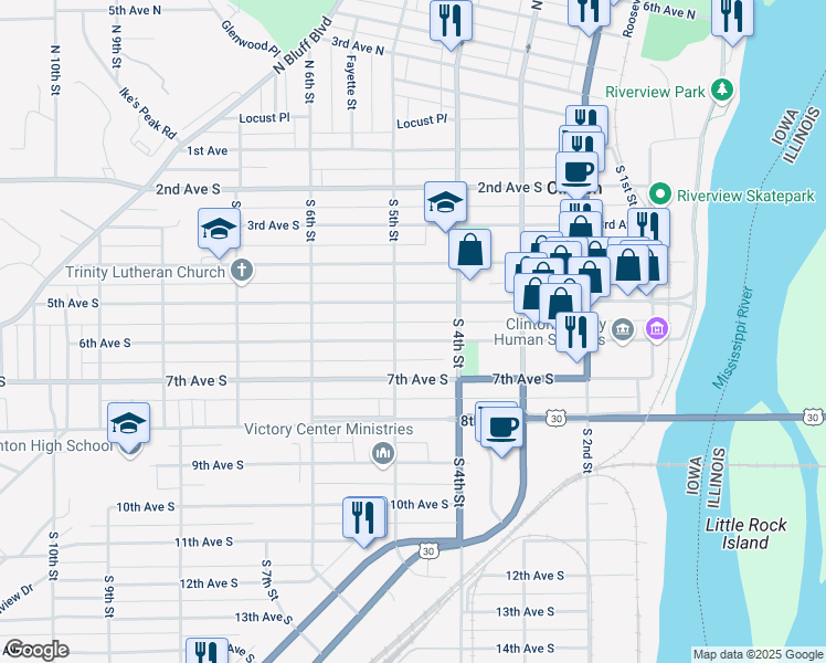 map of restaurants, bars, coffee shops, grocery stores, and more near 431 5th Avenue South in Clinton