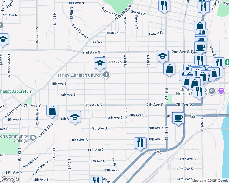 map of restaurants, bars, coffee shops, grocery stores, and more near 601-699 5th Avenue South in Clinton