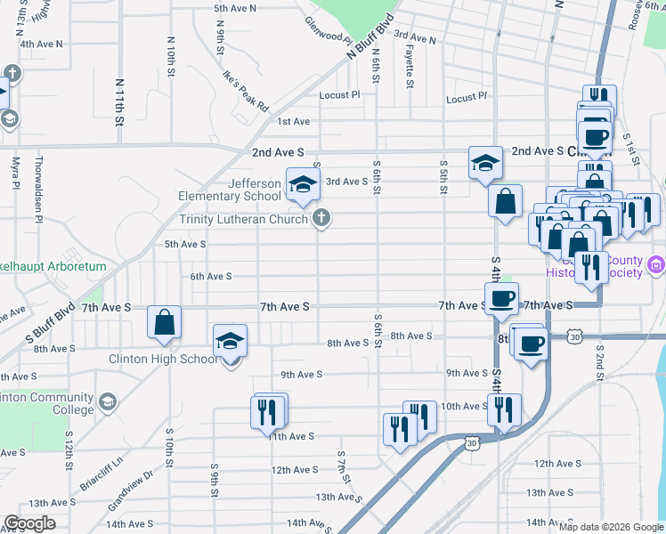 map of restaurants, bars, coffee shops, grocery stores, and more near 601-699 5th Avenue South in Clinton