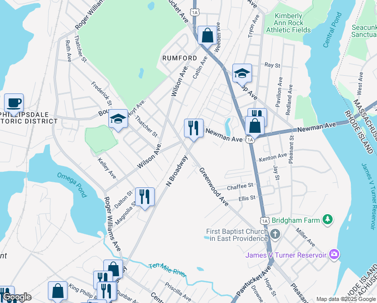 map of restaurants, bars, coffee shops, grocery stores, and more near 20 Newman Avenue in East Providence