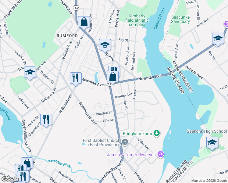 map of restaurants, bars, coffee shops, grocery stores, and more near 1240 Pawtucket Avenue in East Providence