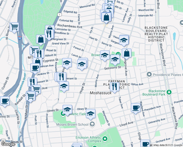 map of restaurants, bars, coffee shops, grocery stores, and more near 244 Cypress Street in Providence