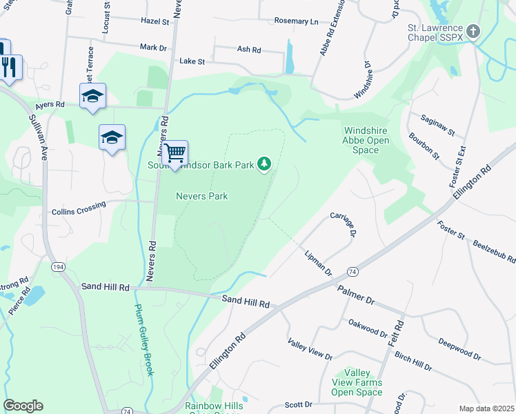 map of restaurants, bars, coffee shops, grocery stores, and more near 50 Andrews Way in South Windsor