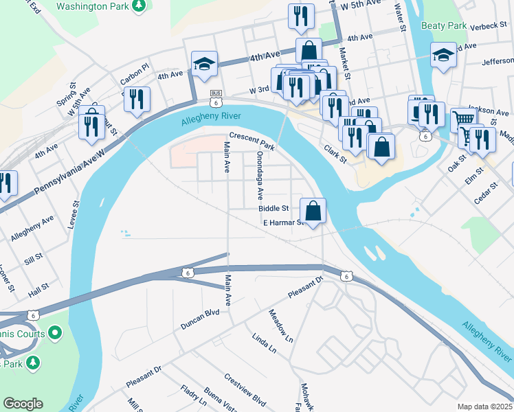 map of restaurants, bars, coffee shops, grocery stores, and more near 205 Seneca Street in Warren