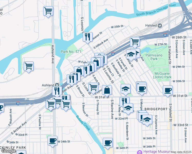 map of restaurants, bars, coffee shops, grocery stores, and more near 2910 South Haynes Court in Chicago