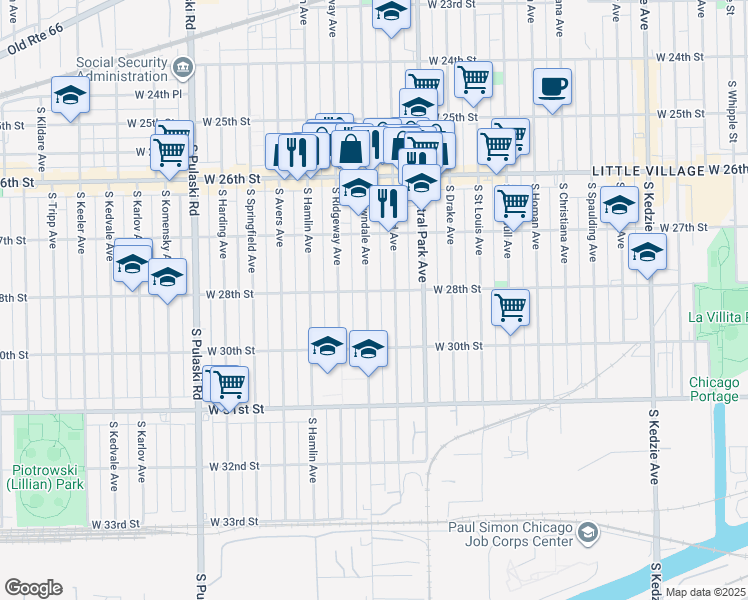 map of restaurants, bars, coffee shops, grocery stores, and more near 2753 South Lawndale Avenue in Chicago
