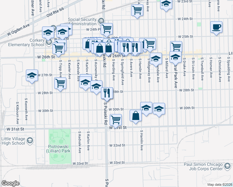 map of restaurants, bars, coffee shops, grocery stores, and more near 2749 South Harding Avenue in Chicago