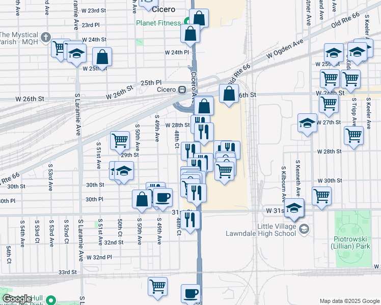 map of restaurants, bars, coffee shops, grocery stores, and more near 2828 Illinois 50 in Cicero