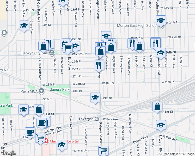 map of restaurants, bars, coffee shops, grocery stores, and more near 2711 Ridgeland Avenue in Berwyn