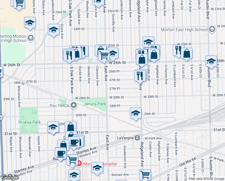 map of restaurants, bars, coffee shops, grocery stores, and more near 6539 27th Place in Berwyn