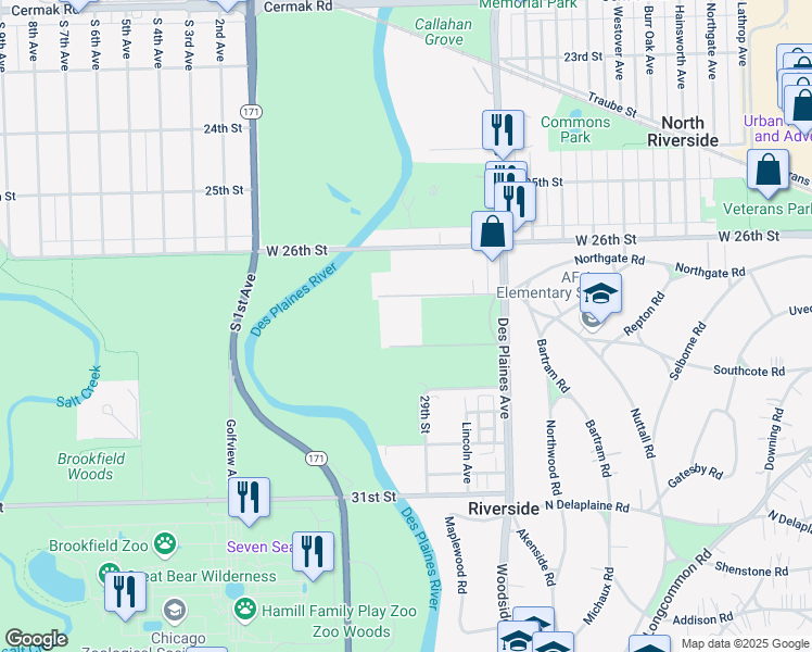 map of restaurants, bars, coffee shops, grocery stores, and more near 8126 West 27th Street in North Riverside