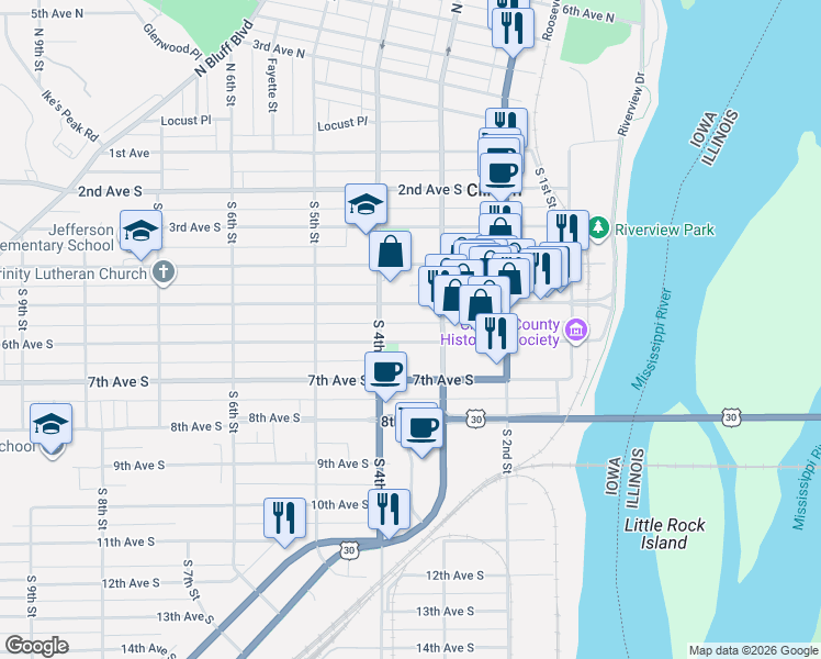 map of restaurants, bars, coffee shops, grocery stores, and more near 349 5th Avenue South in Clinton