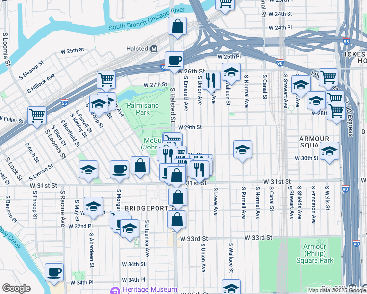map of restaurants, bars, coffee shops, grocery stores, and more near 2921 South Emerald Avenue in Chicago