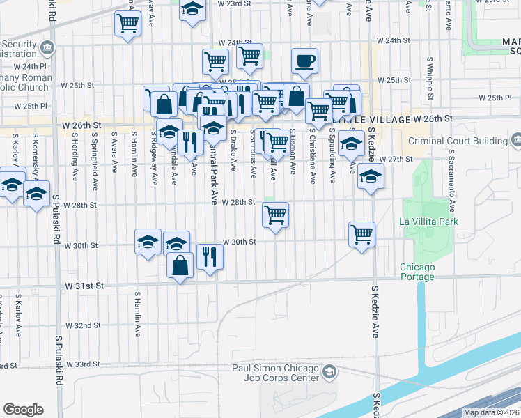 map of restaurants, bars, coffee shops, grocery stores, and more near 2754 South Saint Louis Avenue in Chicago