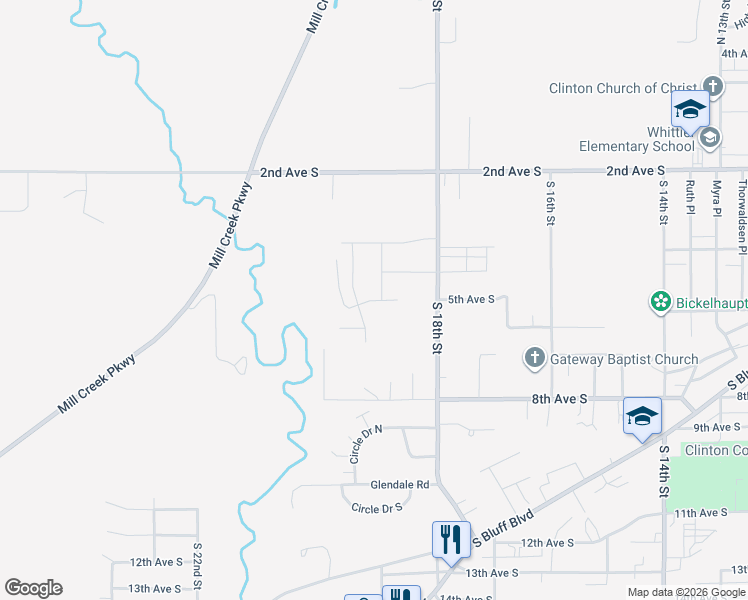 map of restaurants, bars, coffee shops, grocery stores, and more near Mill Court in Clinton