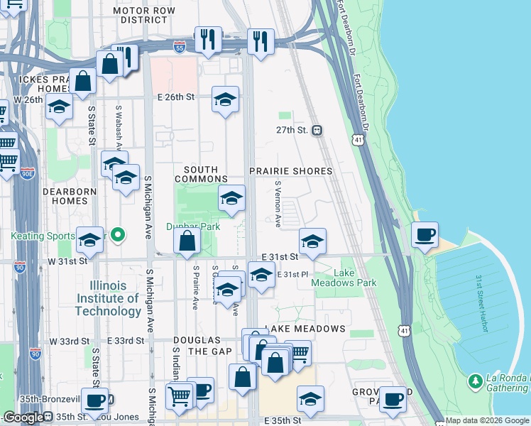 map of restaurants, bars, coffee shops, grocery stores, and more near 2951 South King Drive in Chicago