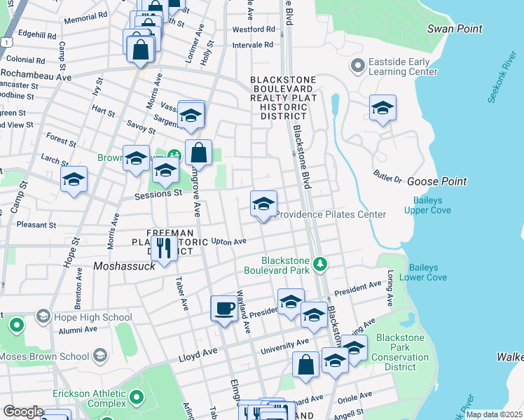map of restaurants, bars, coffee shops, grocery stores, and more near 23 Mount Avenue in Providence