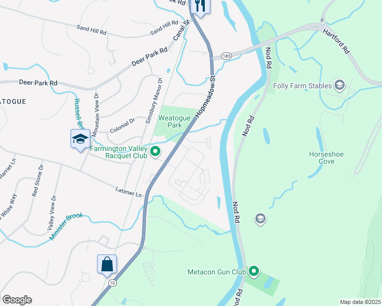 map of restaurants, bars, coffee shops, grocery stores, and more near 142 Cooper Avenue in Simsbury