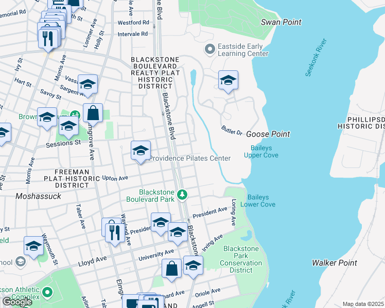map of restaurants, bars, coffee shops, grocery stores, and more near 100 Lincoln Avenue in Providence