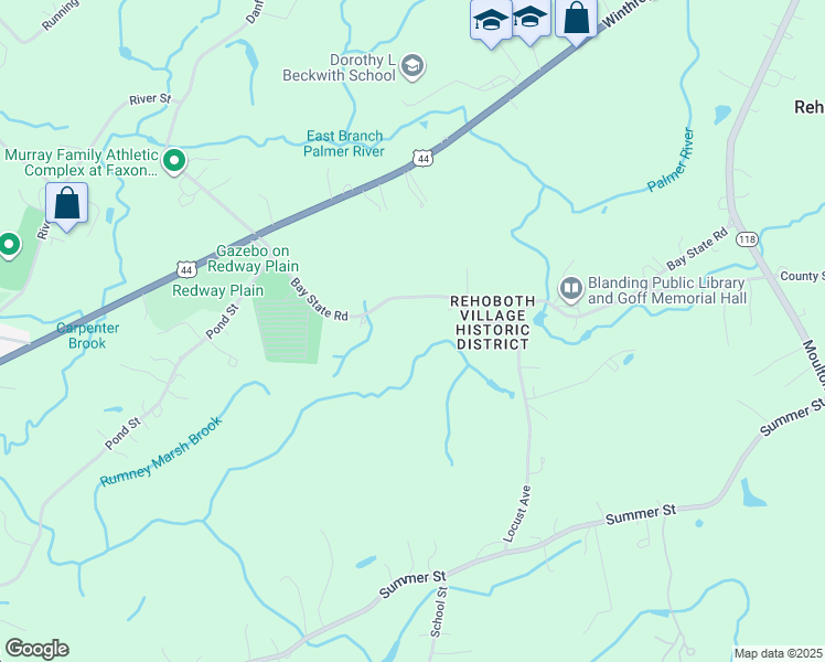 map of restaurants, bars, coffee shops, grocery stores, and more near 161 Bay State Road in Rehoboth