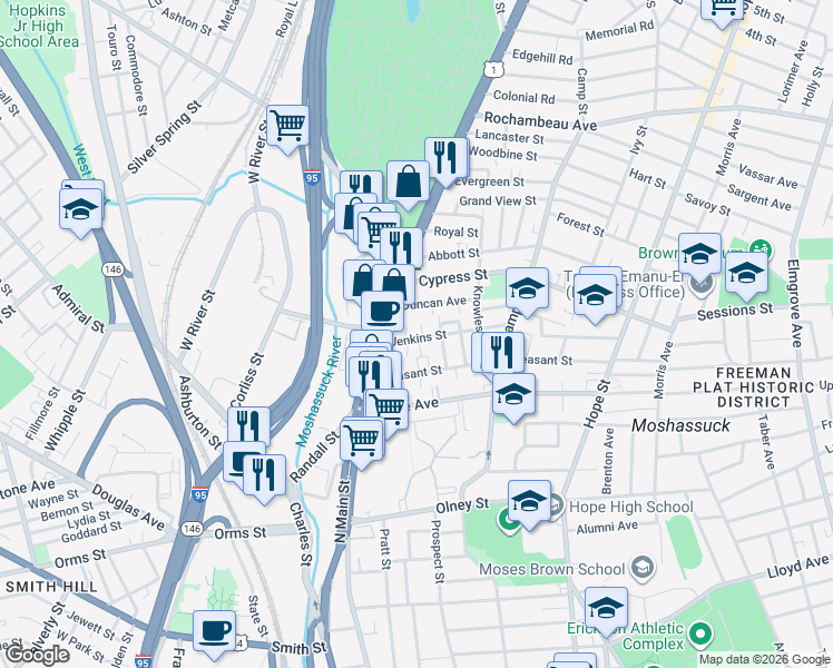 map of restaurants, bars, coffee shops, grocery stores, and more near 761 North Main Street in Providence