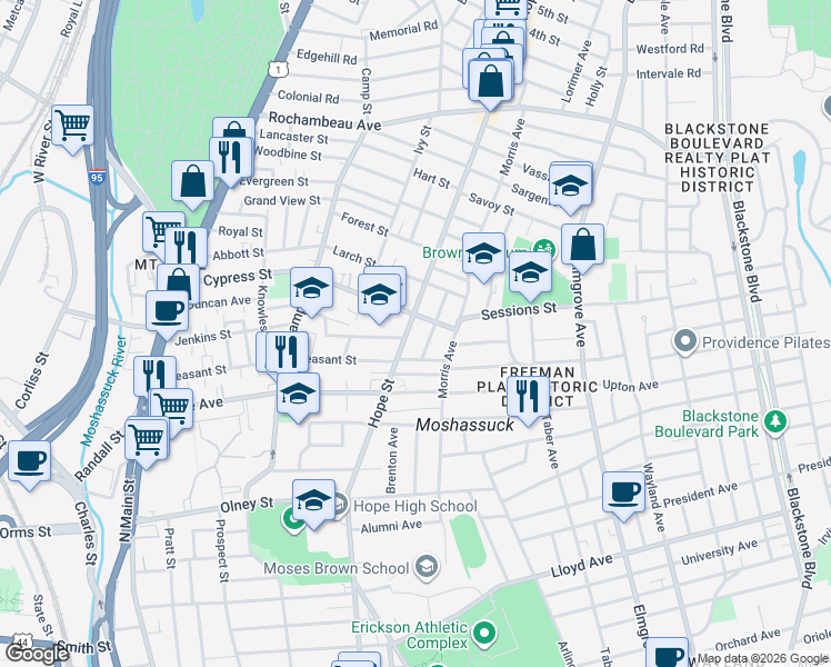 map of restaurants, bars, coffee shops, grocery stores, and more near 244 Cypress Street in Providence