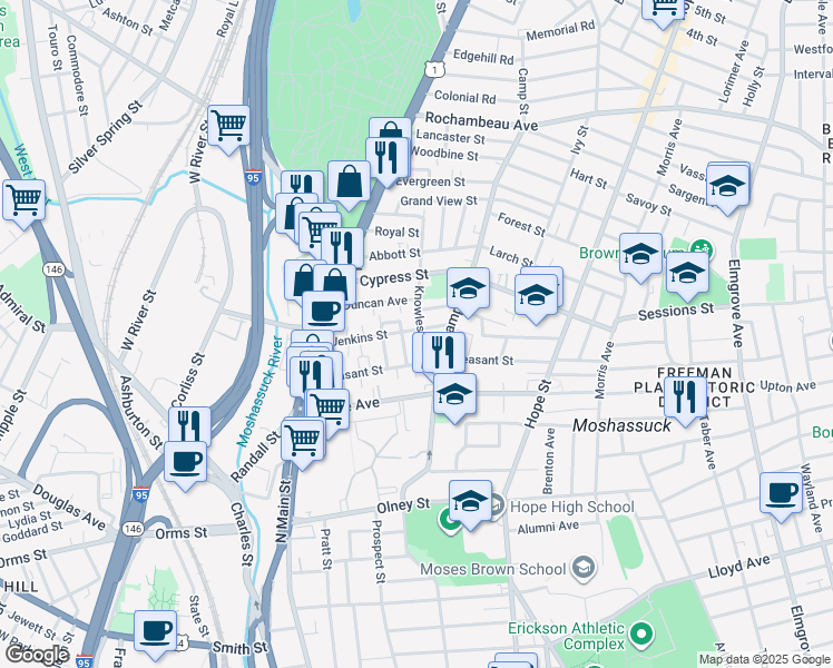 map of restaurants, bars, coffee shops, grocery stores, and more near 43 Knowles Street in Providence