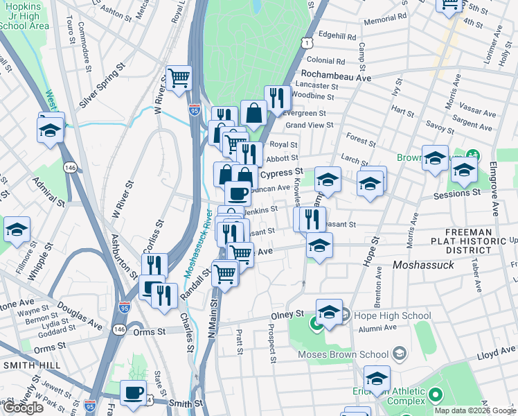 map of restaurants, bars, coffee shops, grocery stores, and more near 761 North Main Street in Providence