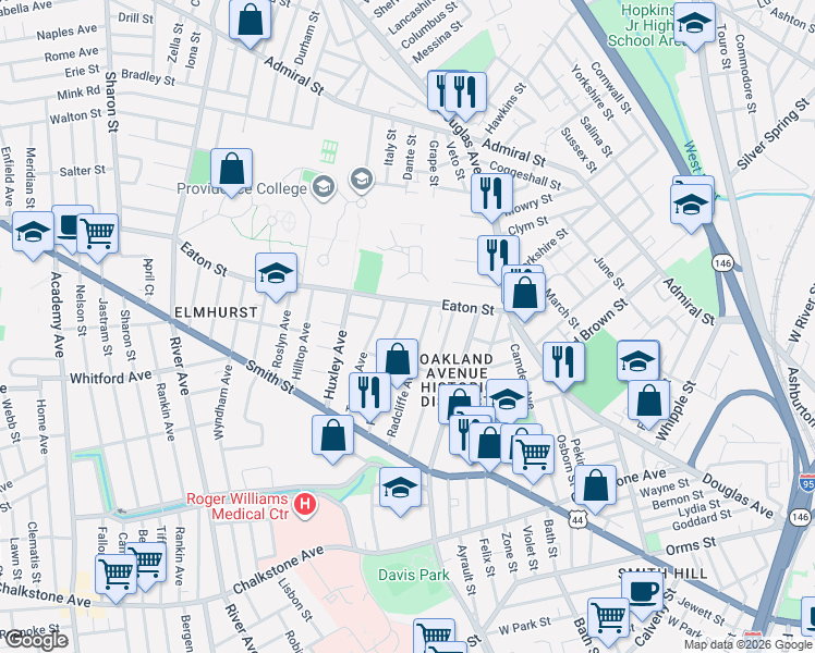 map of restaurants, bars, coffee shops, grocery stores, and more near 108 Eaton Street in Providence