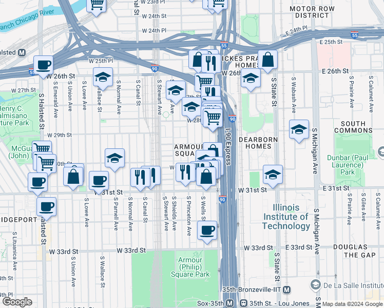map of restaurants, bars, coffee shops, grocery stores, and more near 307 West 29th Street in Chicago
