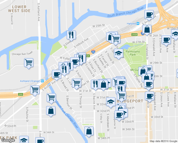 map of restaurants, bars, coffee shops, grocery stores, and more near 2928 South Loomis Street in Chicago