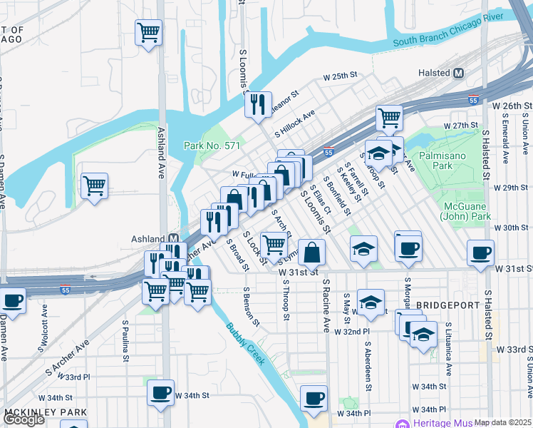 map of restaurants, bars, coffee shops, grocery stores, and more near 2855 South Grady Court in Chicago