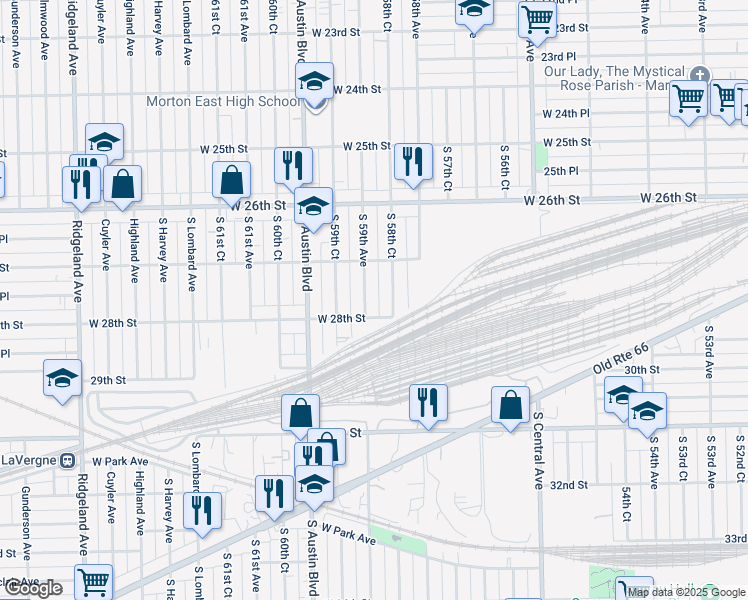 map of restaurants, bars, coffee shops, grocery stores, and more near 2720 South 59th Avenue in Chicago