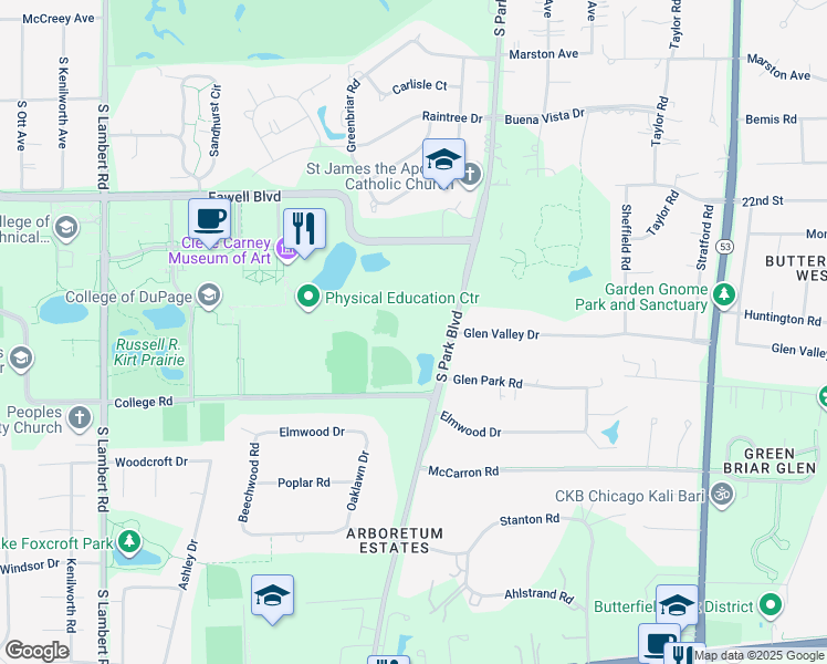 map of restaurants, bars, coffee shops, grocery stores, and more near 698 South Park Boulevard in Glen Ellyn