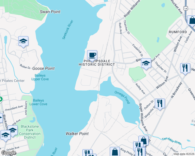 map of restaurants, bars, coffee shops, grocery stores, and more near 310 Bourne Avenue in East Providence