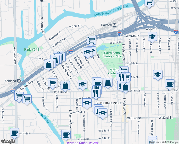 map of restaurants, bars, coffee shops, grocery stores, and more near 2910 South Throop Street in Chicago
