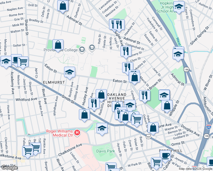 map of restaurants, bars, coffee shops, grocery stores, and more near 134 Radcliffe Avenue in Providence