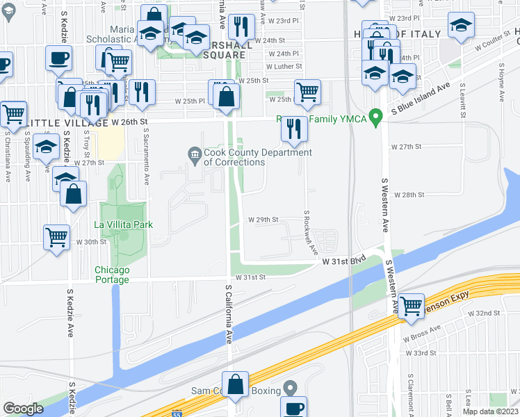 map of restaurants, bars, coffee shops, grocery stores, and more near 2829 South California Avenue in Chicago