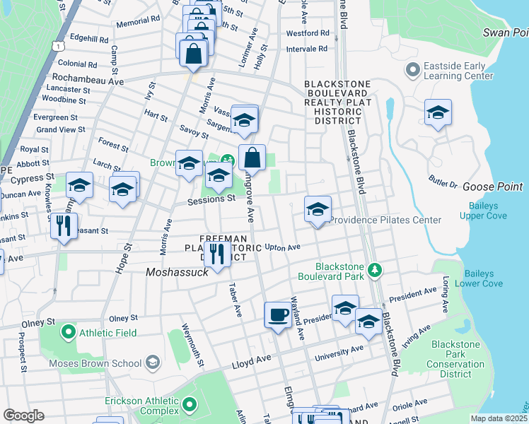 map of restaurants, bars, coffee shops, grocery stores, and more near 575 Wayland Avenue in Providence