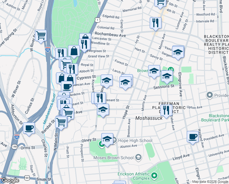 map of restaurants, bars, coffee shops, grocery stores, and more near 76 Locust Street in Providence